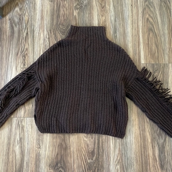 Express Cropped Brown Sweater with Fringe on Sleeves - XS - Picture 2 of 5